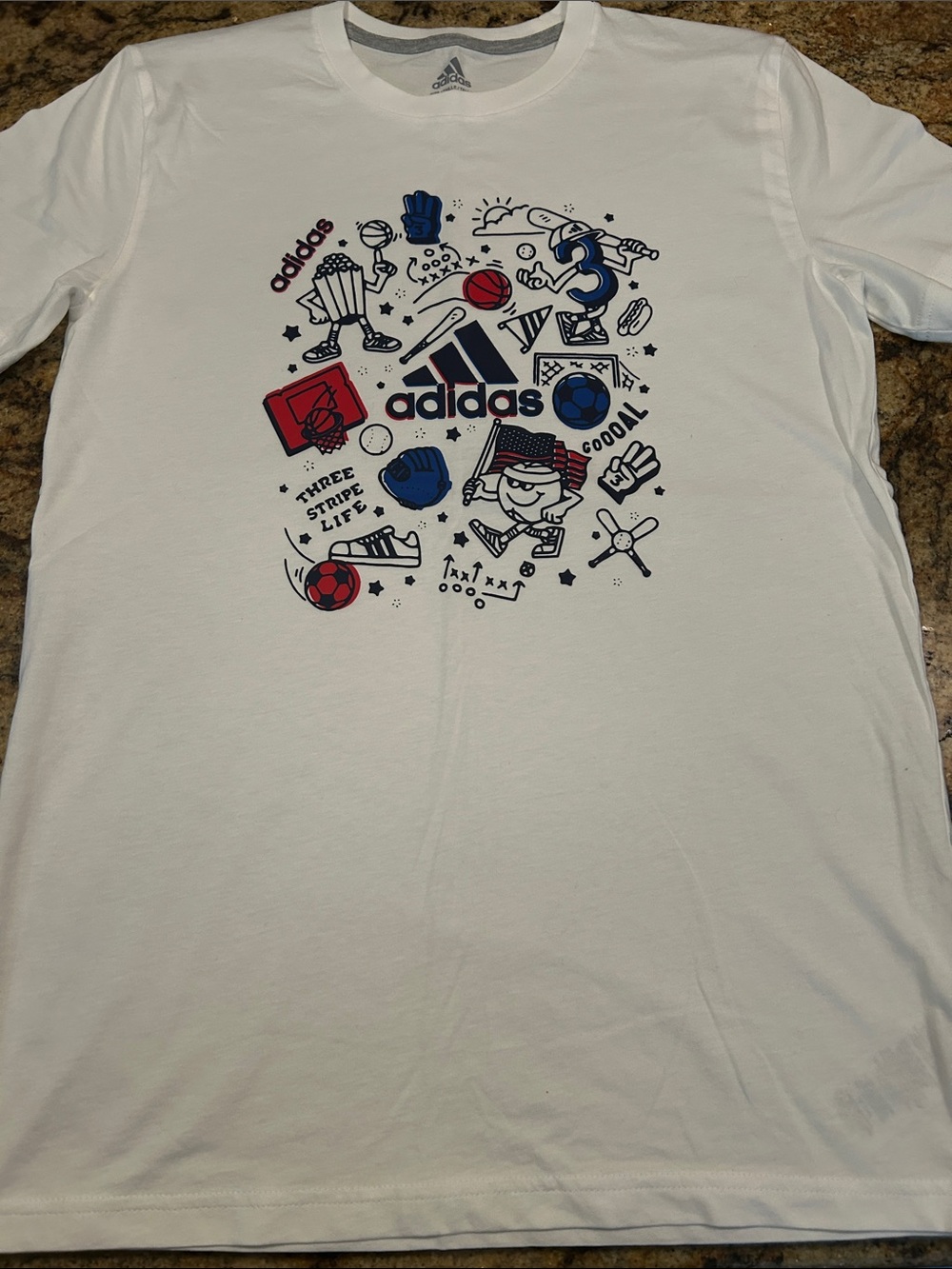 NWOT adidas White Short Sleeve Tee with Red & Navy Graphic